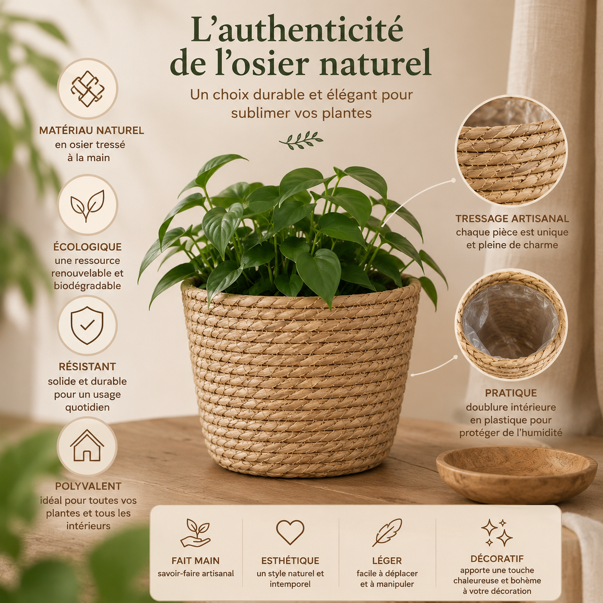 Cache-pot en osier tressée naturelle – vue 5