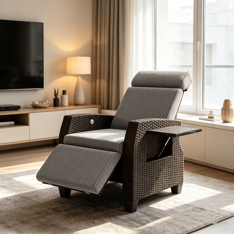 Fauteuil inclinable en osier avec table relevable