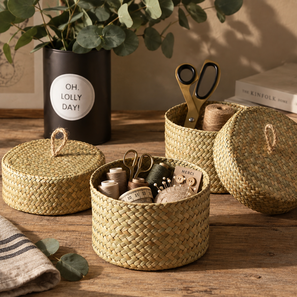 Boîte de rangement ronde en osier avec couvercle – vue 9