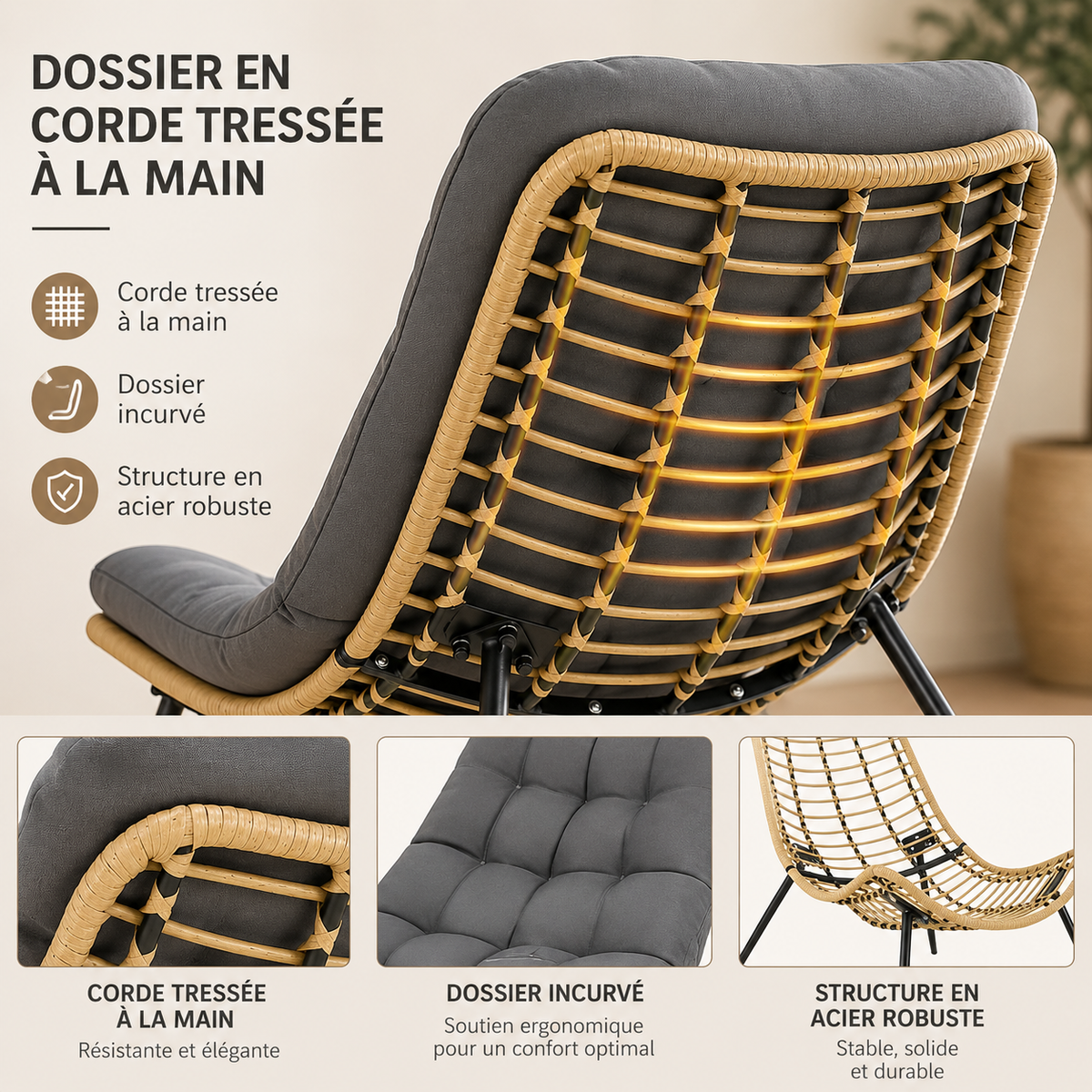 Fauteuil avec repose-pieds en osier naturel