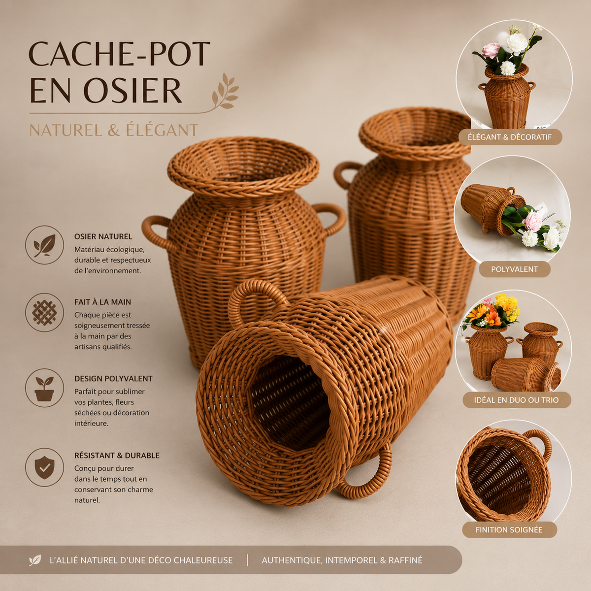 Cache-pot de sol haut en osier naturelle – vue 5