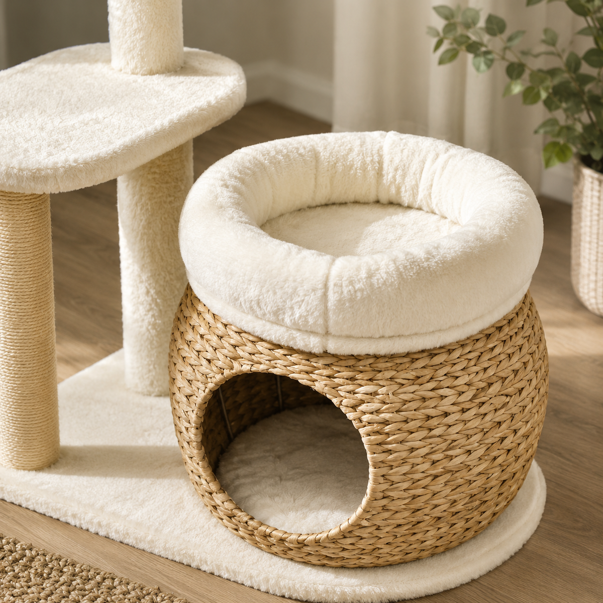 Tour pour chat en osier equipé d'un griffoir
