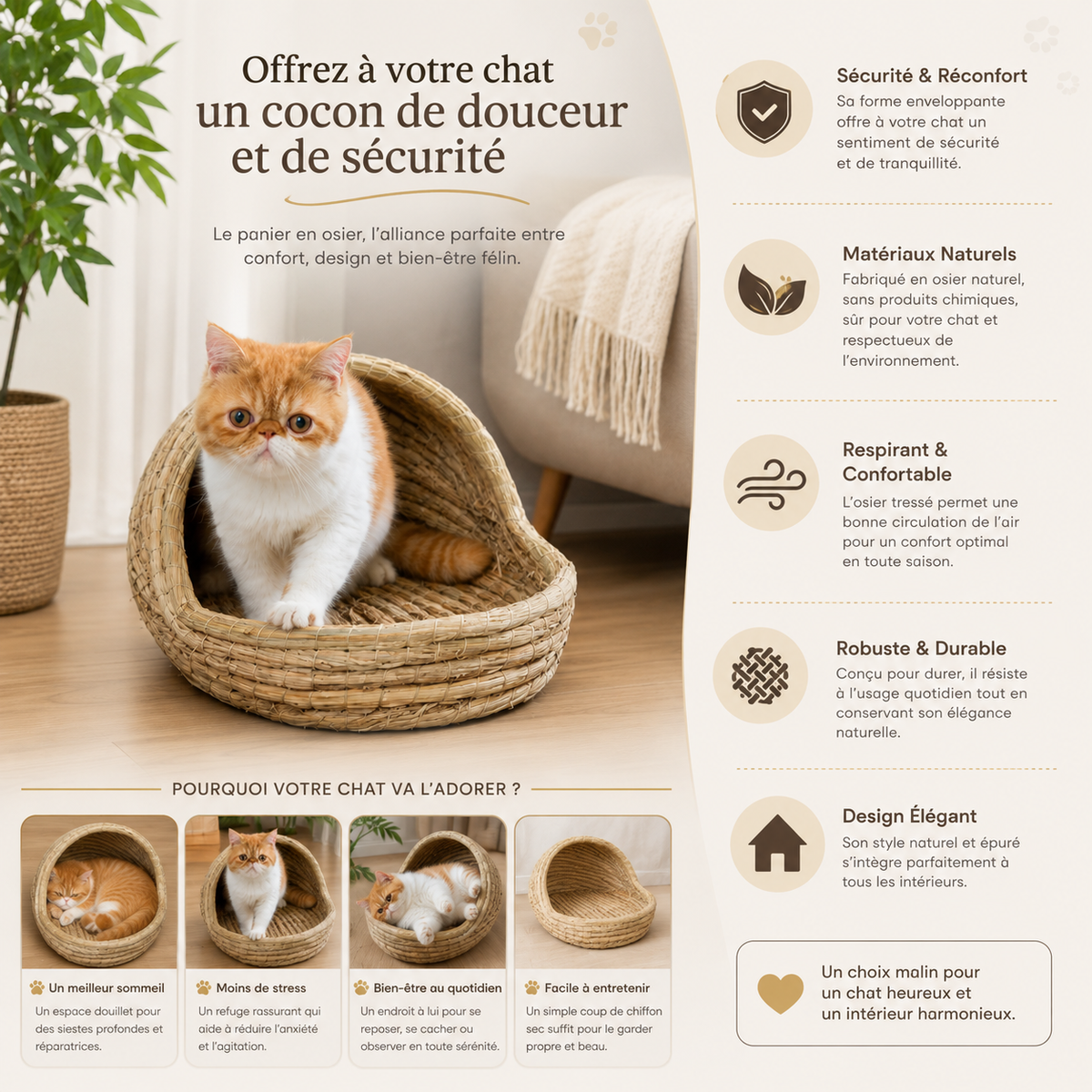 Panier pour petit chat en osier