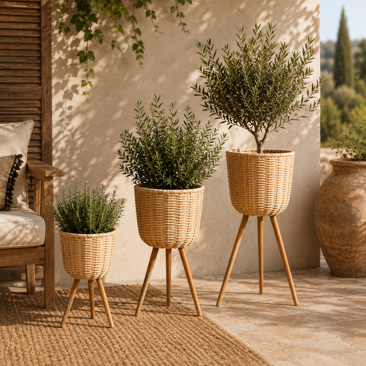 Cache-pot sur pieds en osier naturelle