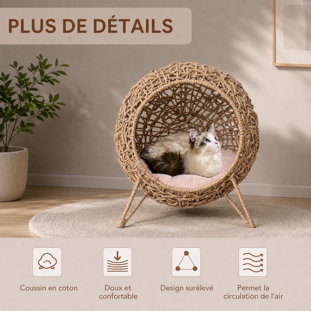 Panier pour chat en osier pieds surélevés
