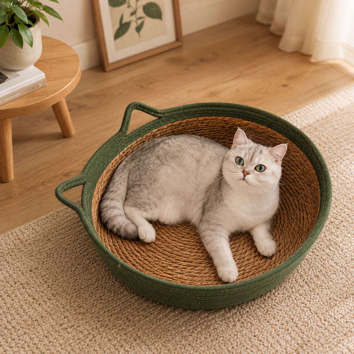 Panier pour chat en osier coton vert