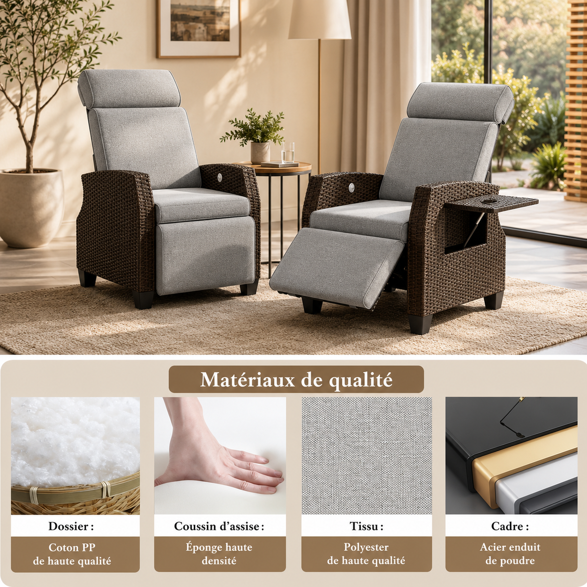 Fauteuil inclinable en osier avec table relevable