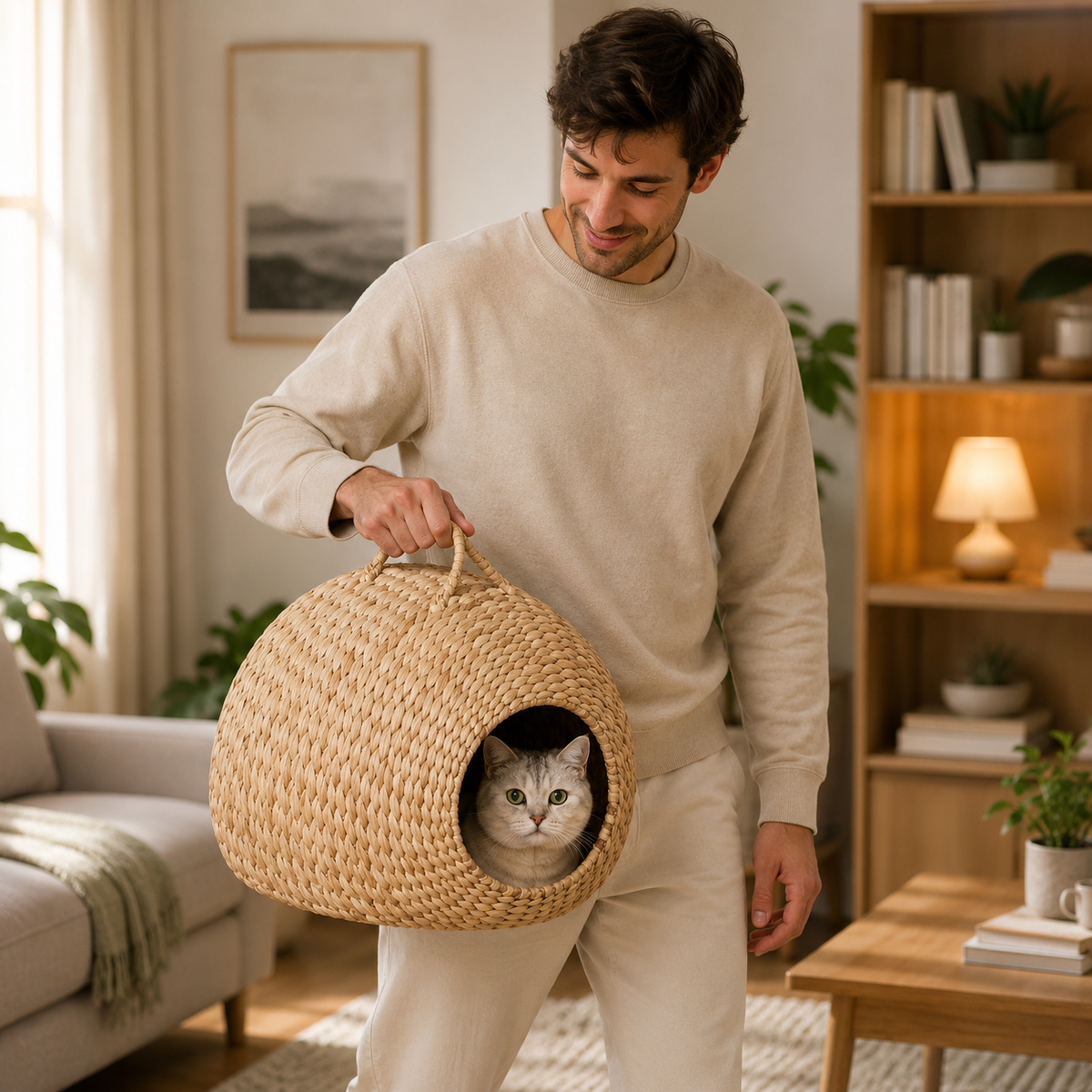 Panier pour chat en osier pour déplacement
