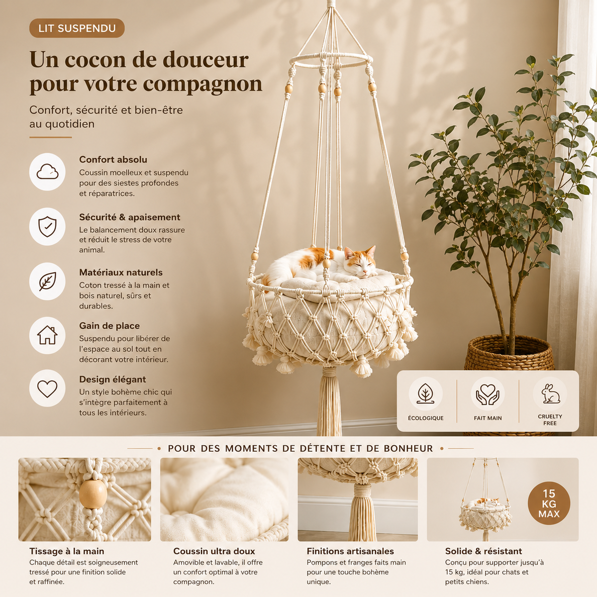 Panier suspendu pour chat en osier et coton tressé