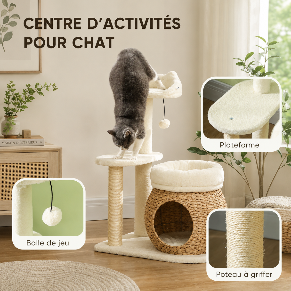 Tour pour chat en osier equipé d'un griffoir