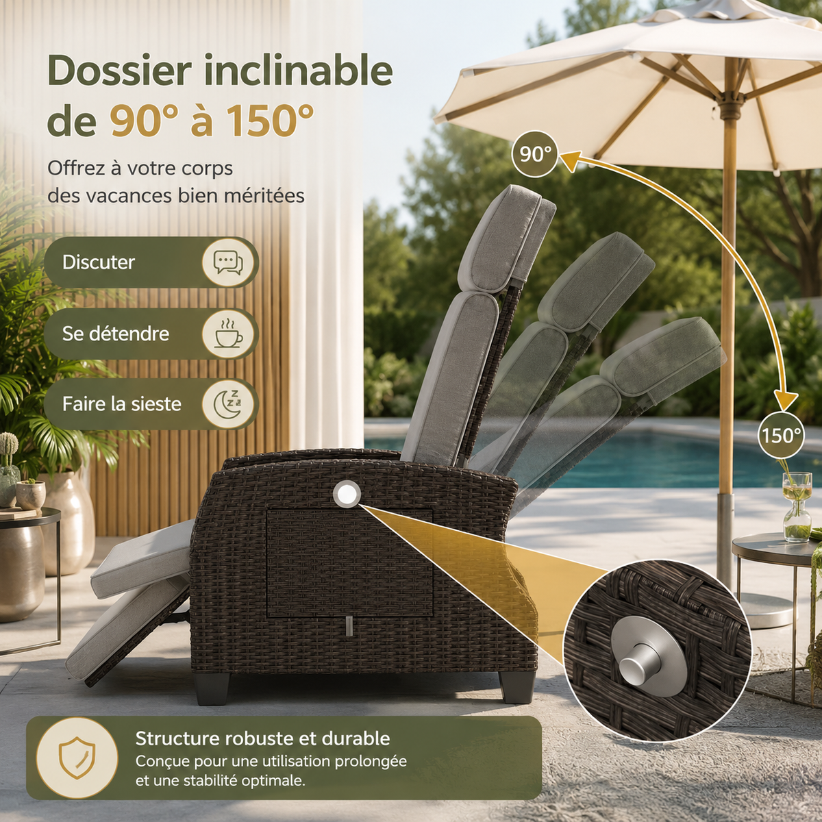 Fauteuil inclinable en osier avec table relevable