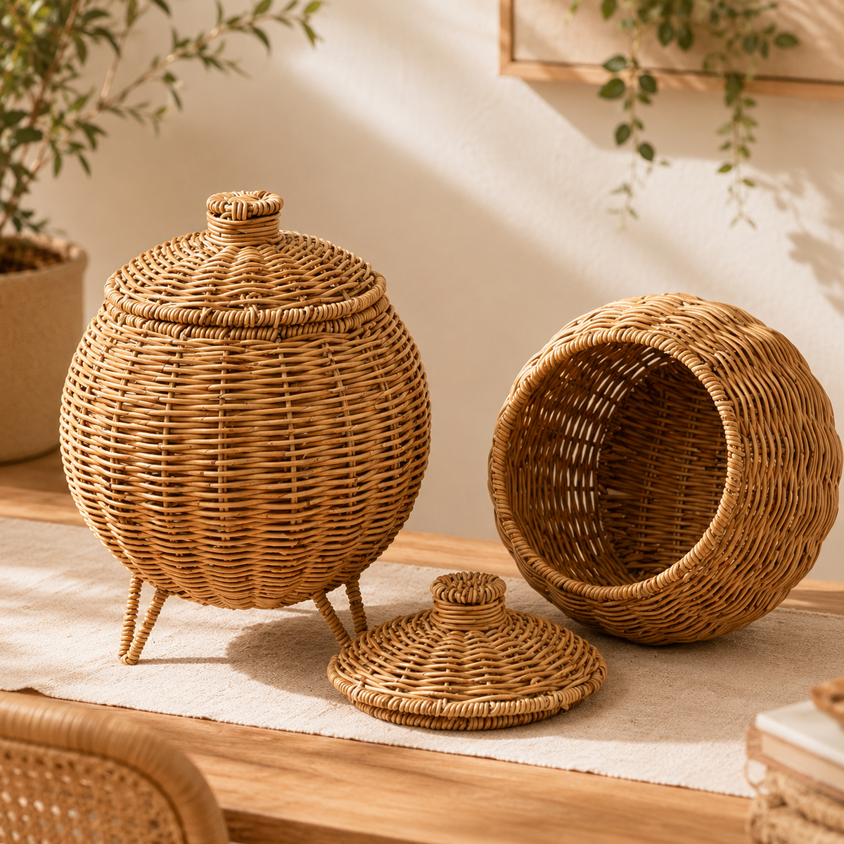 Panier de rangement à couvercle en osier style japonais