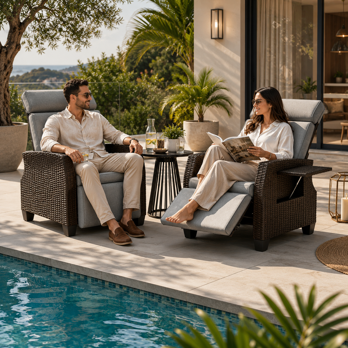Fauteuil inclinable en osier avec table relevable