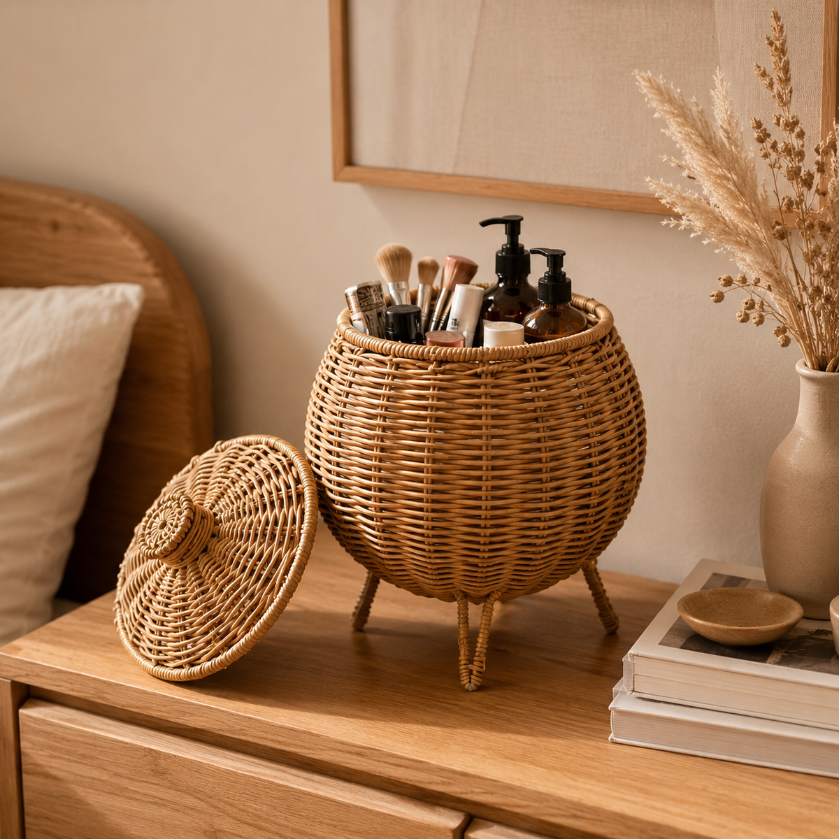 Panier de rangement à couvercle en osier style japonais